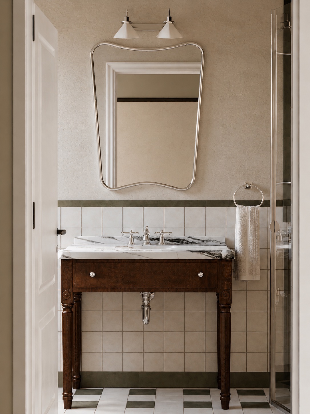 Bath — white ceramic tile to a green border, dark stained oak washstand, nickel plumbing