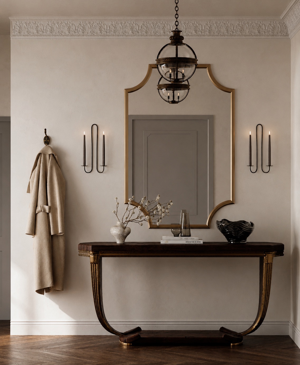 Entry — globe lantern, slim-framed mirror, console on gilt fluted legs