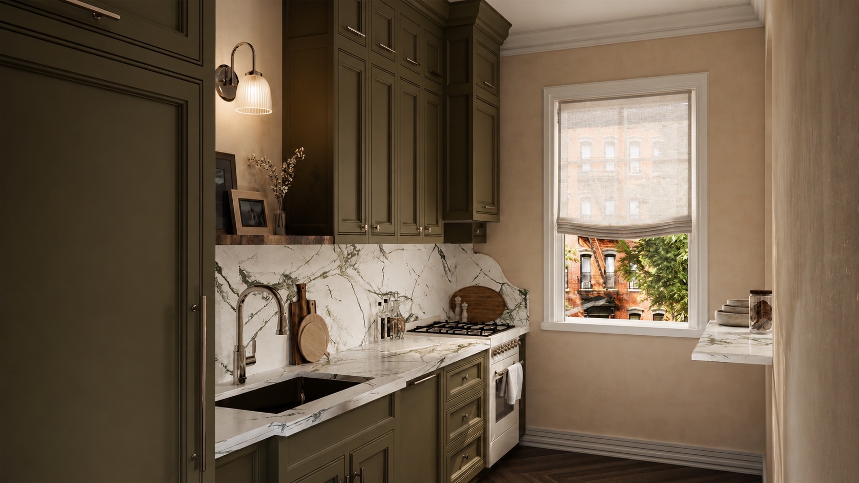 Kitchen — olive lacquered cabinetry, green-veined marble, West Village view