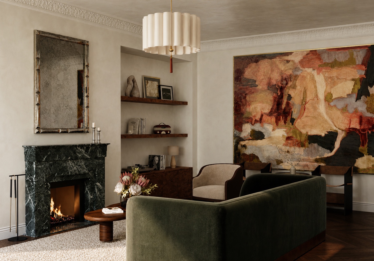 Salon — green marble mantel, moss velvet sofa, wall-scale canvas