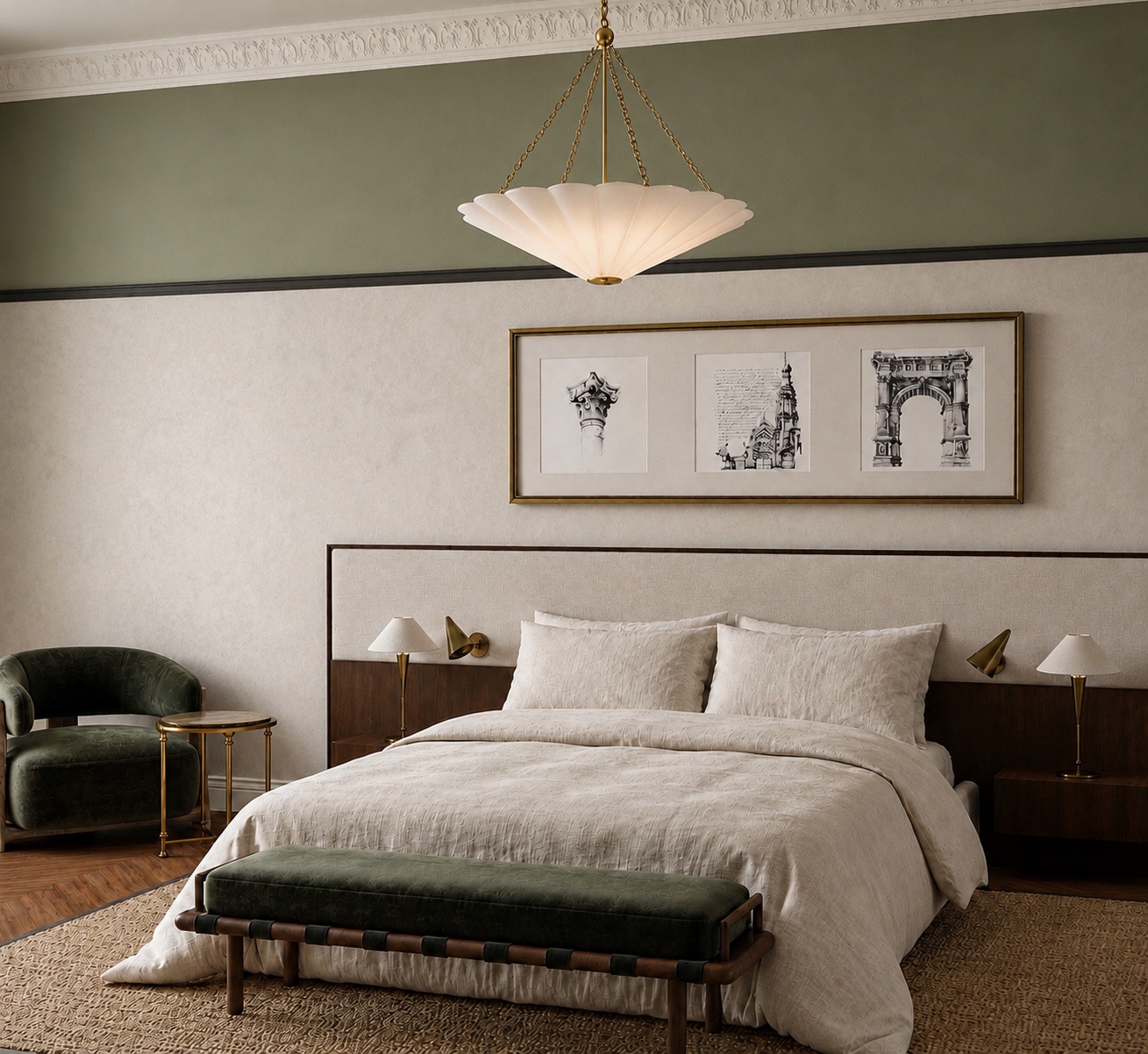 Bedroom — two paint registers divided by a dark trim line, walnut headboard wall